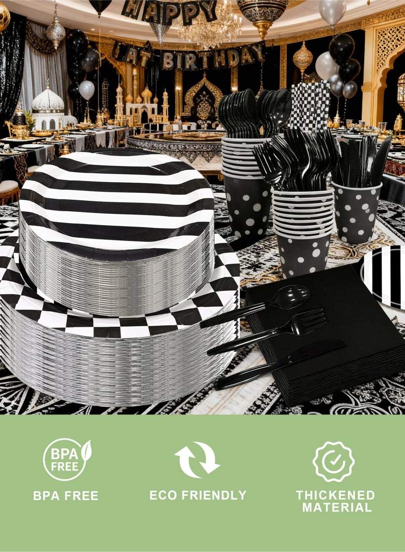 HomarKet 200 Pcs Disposable Paper Plates and Napkins,25 Guest Party Supplies Dinnerware Set Include Scalloped Paper Plates Napkin Cup Straw Plastic Spoon Fork Knive for Party,Wedding,Birthday (Black/White) - Image 3